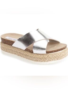 Steve Madden Womens Sz 10 Espadrille Strappy Platform Sandals Metallic Silver